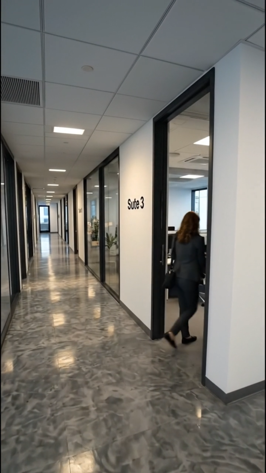 Ava, carrying a black shoulder bag, enters Suite 3 from an office hallway.
